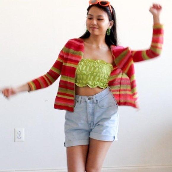 VINTAGE Y2K Size L Hand-Knit Striped Cardigan Sweater - Picture 7 of 7